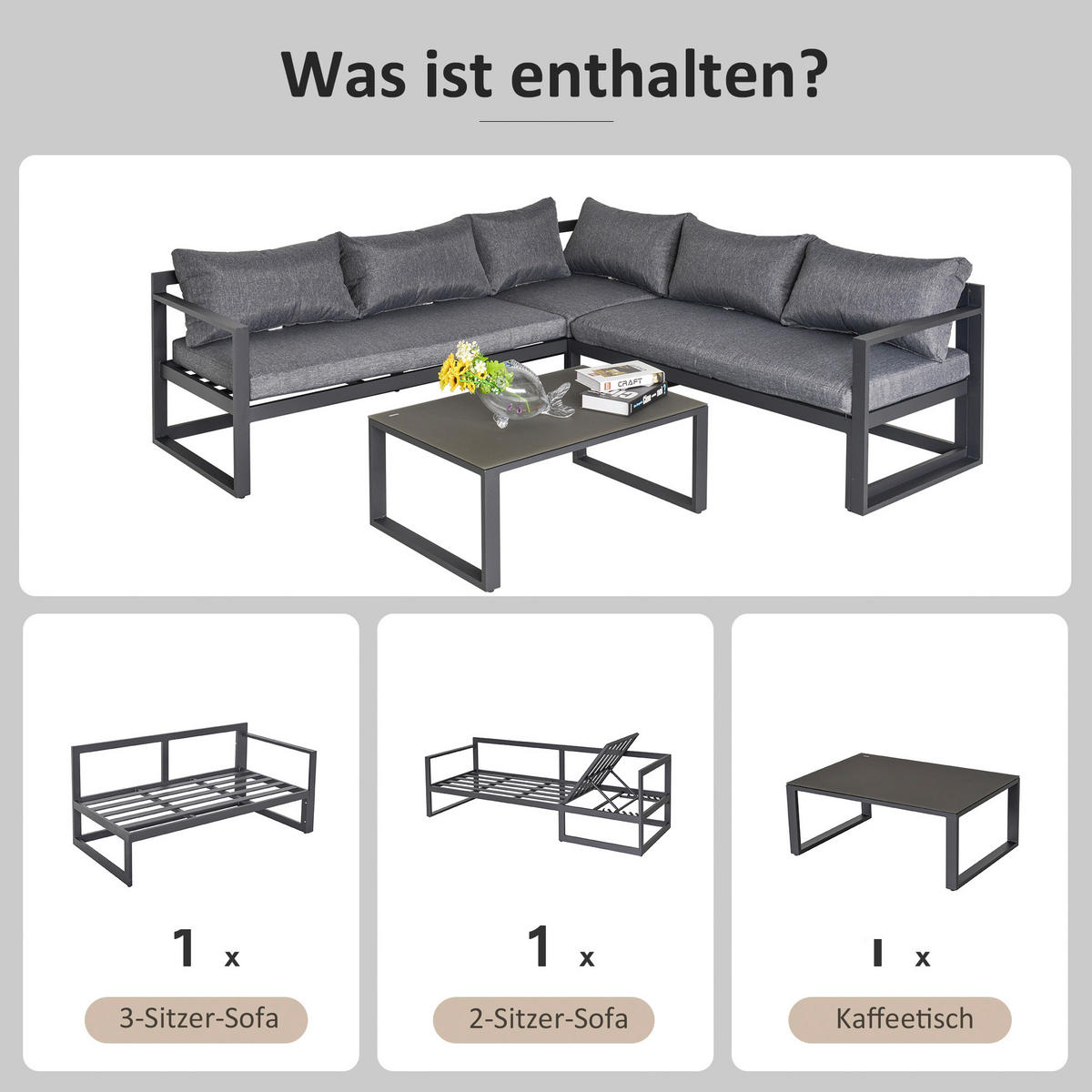 Outsunny Gartensitzgruppe schwarz Glas B/H/L: ca. 70x65x212 cm Gartensitzgruppe - schwarz/grau (212,00/70,00/65,00cm) - Outsunny
