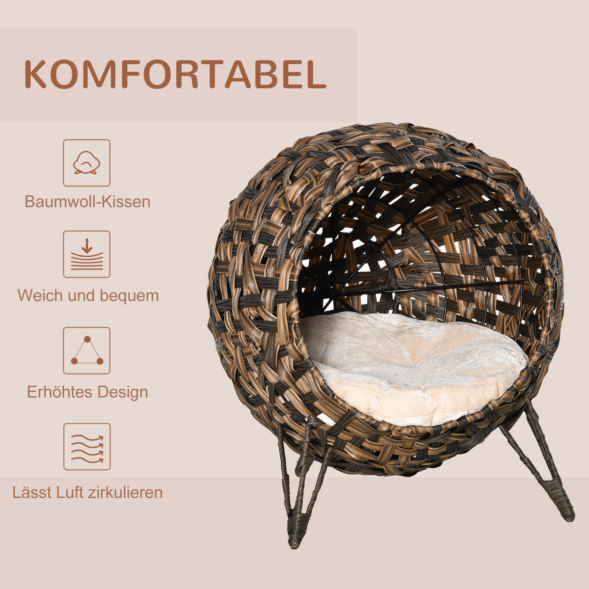 PawHut Katzenhaus braun Rattan B/H/L: ca. 46x58x54 cm Katzenhaus - braun (54,00/46,00/58,00cm) - PawHut