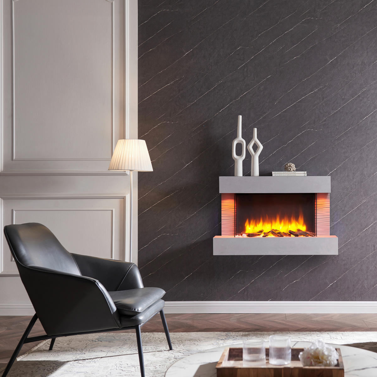 Balderia Wandkamin Elektrischer-Kamin Aidan grau MDF B/H/T: ca. 623x100x24 cm Elekt.-Kamin Aidan EF279A-MT279C-CG - grau (623,00/100,00/24,00cm) - Balderia