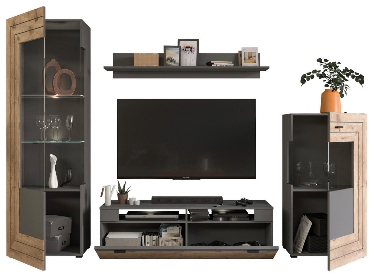 Wohnwand Freno grau matt Eiche Nox Oak Nachbildung B/H/T: ca. 290x194x40 cm Freno - Eiche/grau (290,00/194,00/40,00cm) - xonox.home