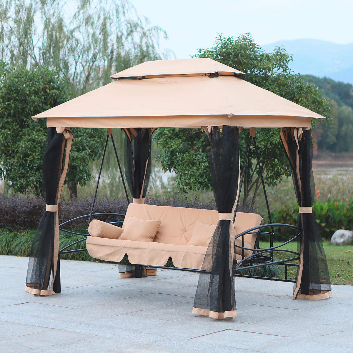 Outsunny Gartenschaukel beige Stahl B/H/T: ca. 232x245x149 cm Gartenschaukel - beige (232,00/245,00/149,00cm) - Outsunny