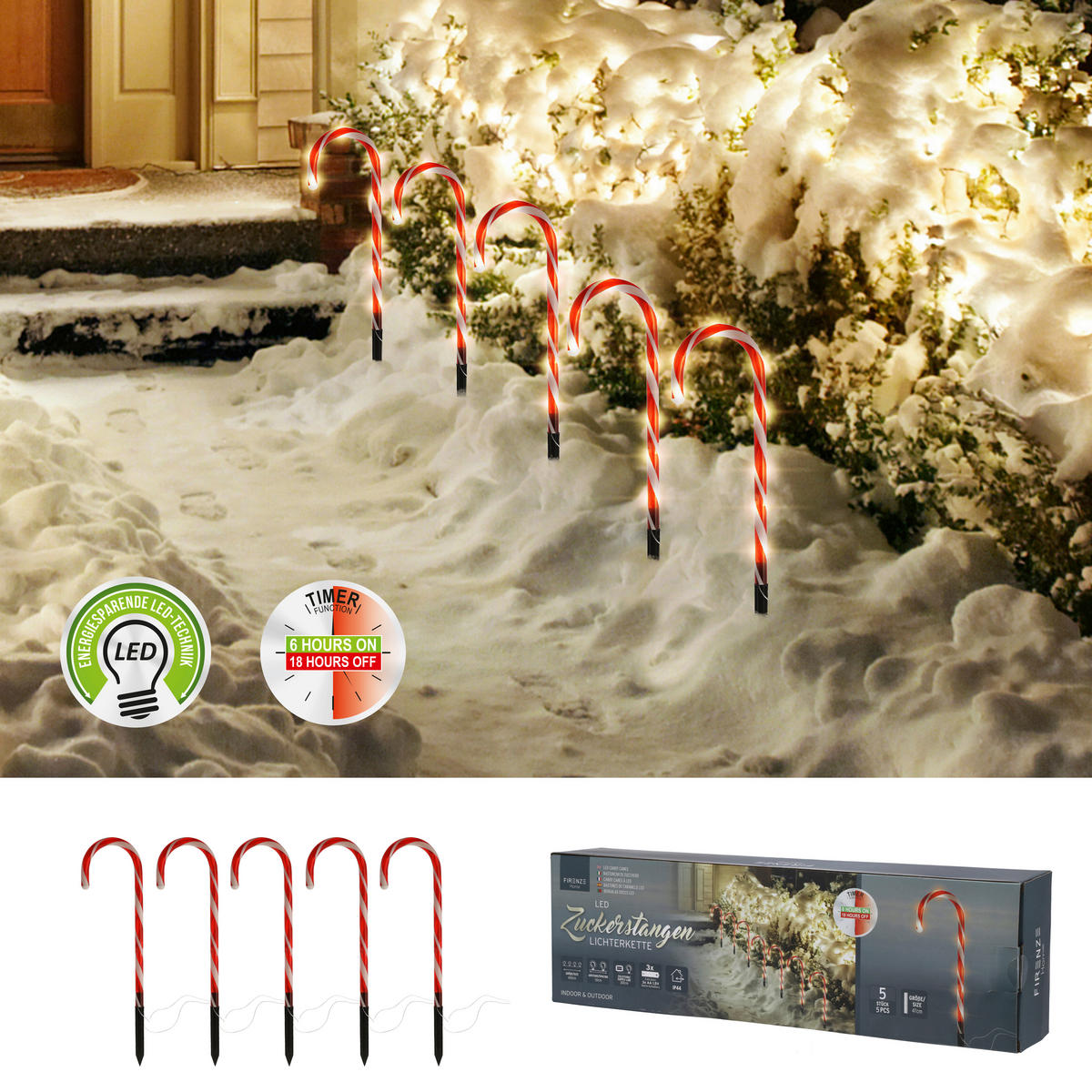 cepewa Lichterkette rot Polypropylen H: ca. 47 cm LED-Zuckerstangen_5er_Outdoor - weiß/rot (47,00cm) - cepewa