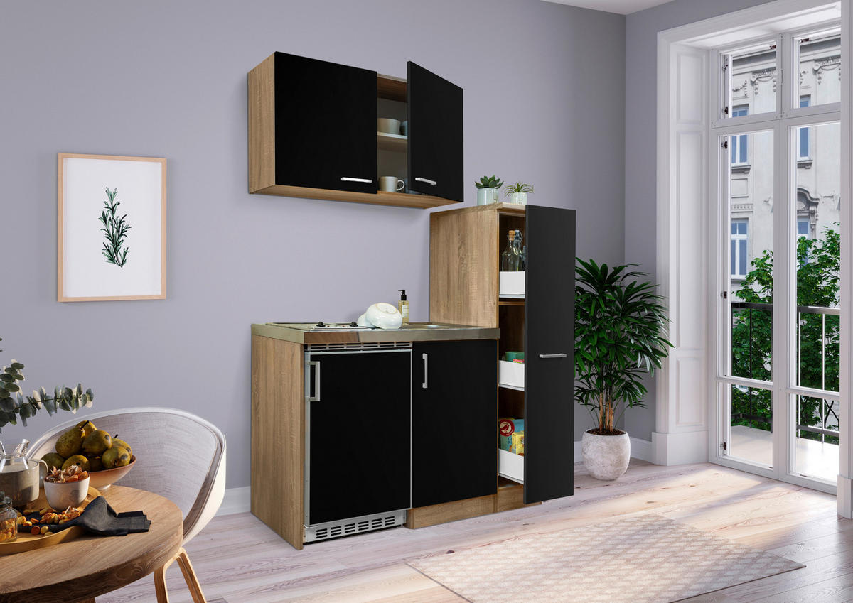 Respekta Miniküche 130 schwarz matt B/H/T: ca. 130x200x60 cm 130 - Eiche/schwarz (130,00/200,00/60,00cm) - Respekta