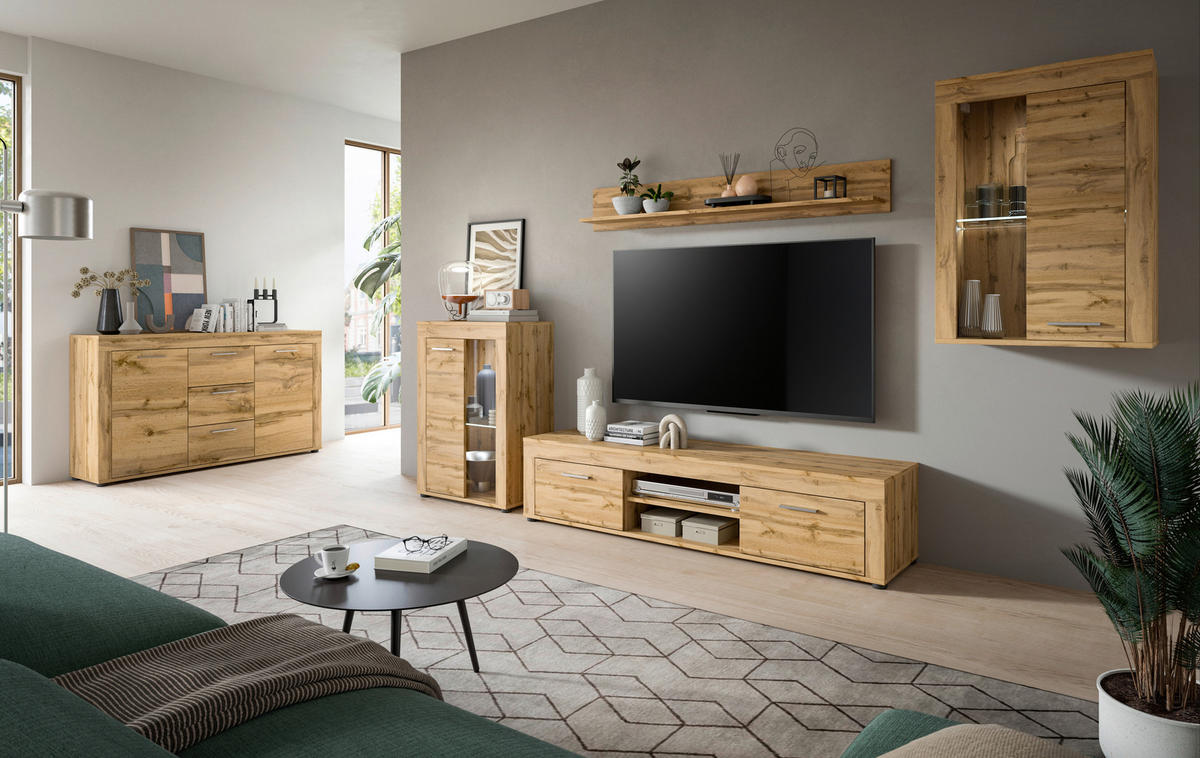 Wohnwand Jam Eiche Wotan Nachbildung B/H/T: ca. 330x169x35 cm Jam - Eiche (330,00/169,00/35,00cm) - xonox.home