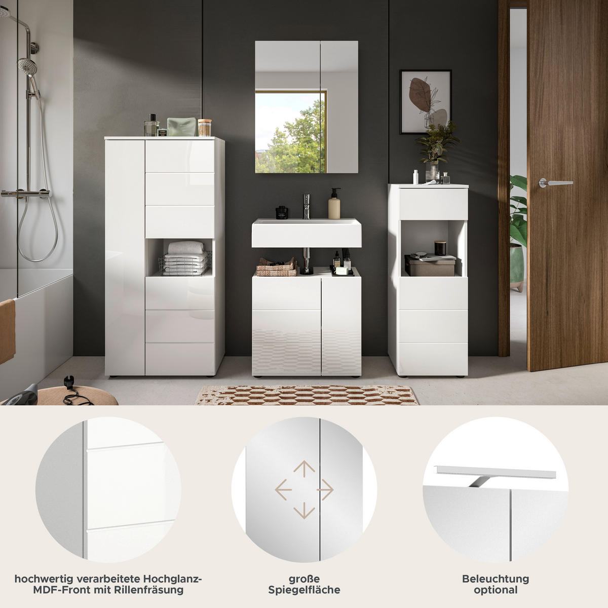 Badezimmer-Set VIRA weiß weiß Hochglanz B/H/T: ca. 188x190x34 cm VIRA - weiß (188,00/190,00/34,00cm) - xonox.home