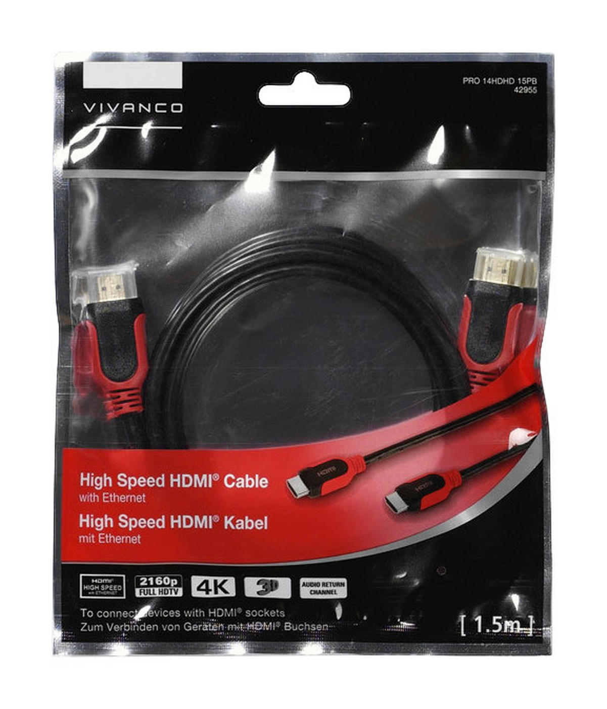 Vivanco HDMI-Kabel schwarz rot HDMI-Kabel_High_Speed 1,5m - rot/schwarz (150,00cm) - Vivanco