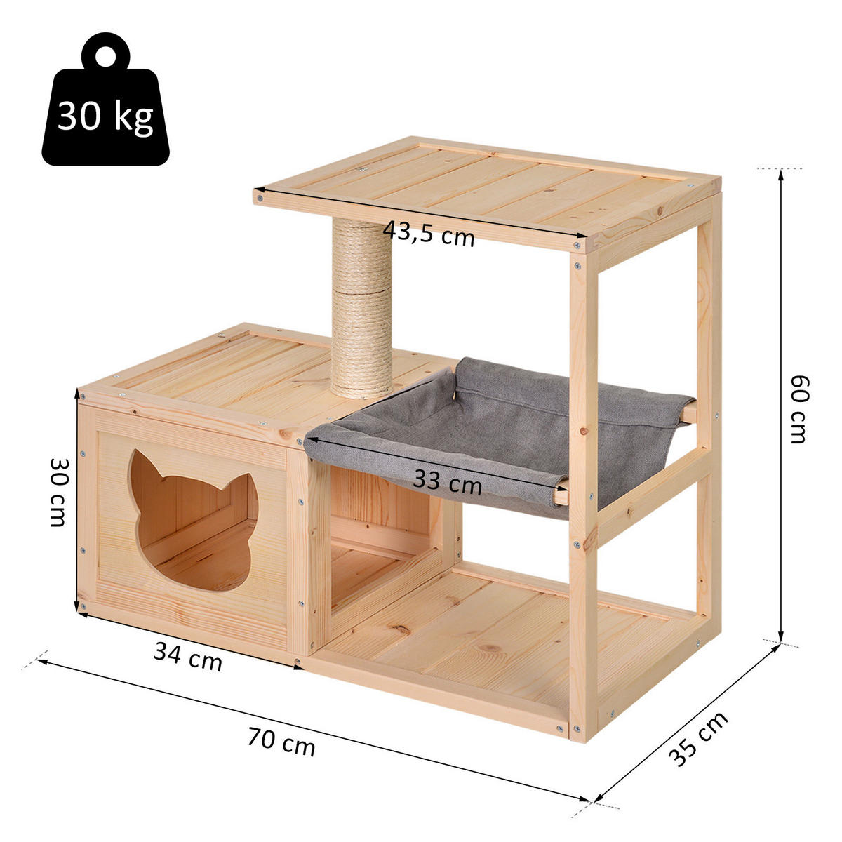 PawHut Katzenhaus natur Holz Katzenhaus mit Hängematte - natur - PawHut