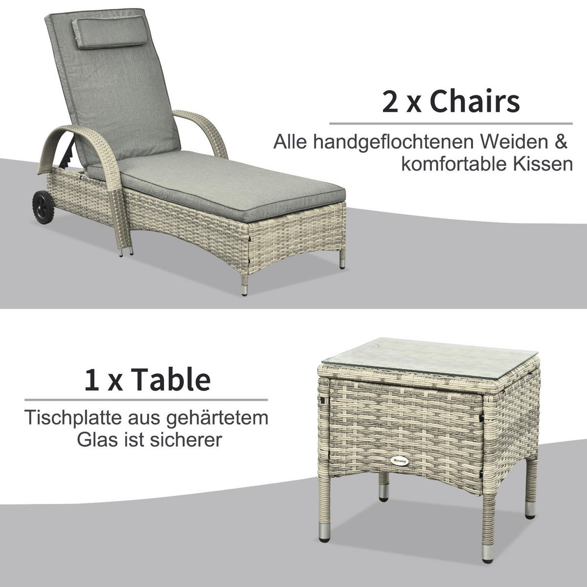 Outsunny Gartenliege-Set mit Tisch grau Polyrattan B/H/L: ca. 73x103x200 cm Gartenliege-Set mit Tisch - grau (200,00/73,00/103,00cm) - Outsunny