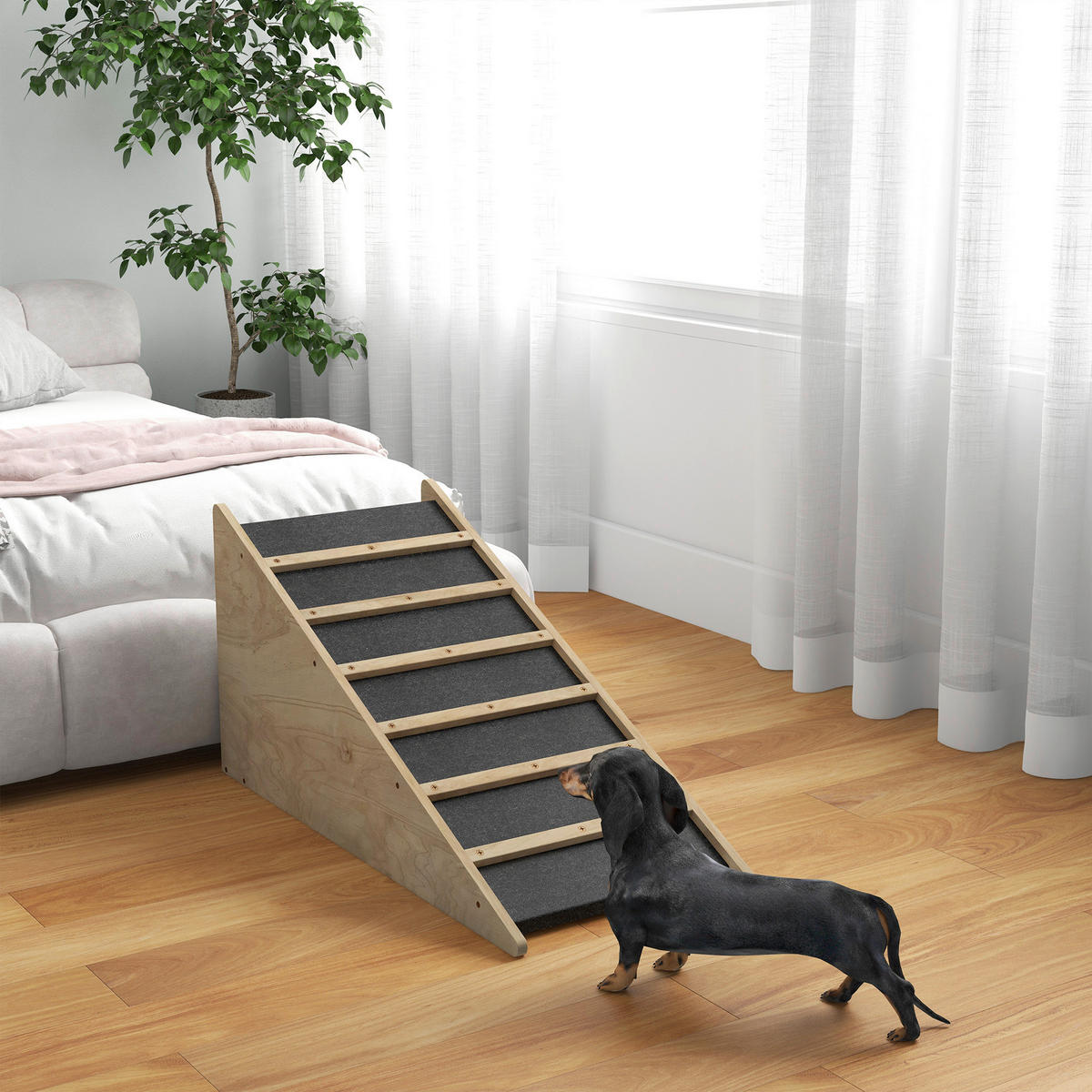 PawHut Haustierrampe natur Holz B/H/L: ca. 40x90x45 cm Haustierrampe - natur/grau (45,00/40,00/90,00cm) - PawHut