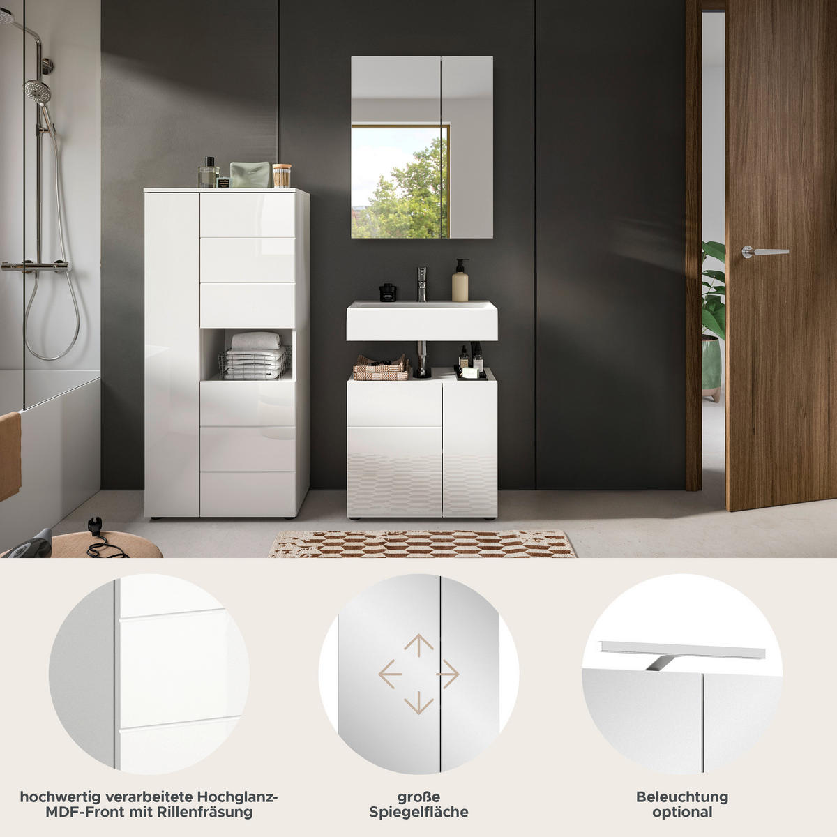 Badezimmer-Set VIRA weiß weiß Hochglanz B/H/T: ca. 135x190x34 cm VIRA - weiß (135,00/190,00/34,00cm) - xonox.home