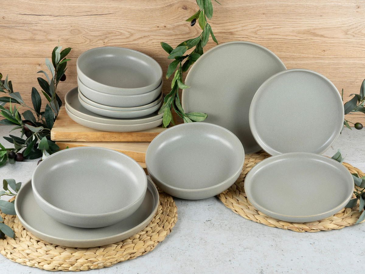 CreaTable Tafelservice Uno grau Steinzeug 12 tlg. Uno - grau - CreaTable