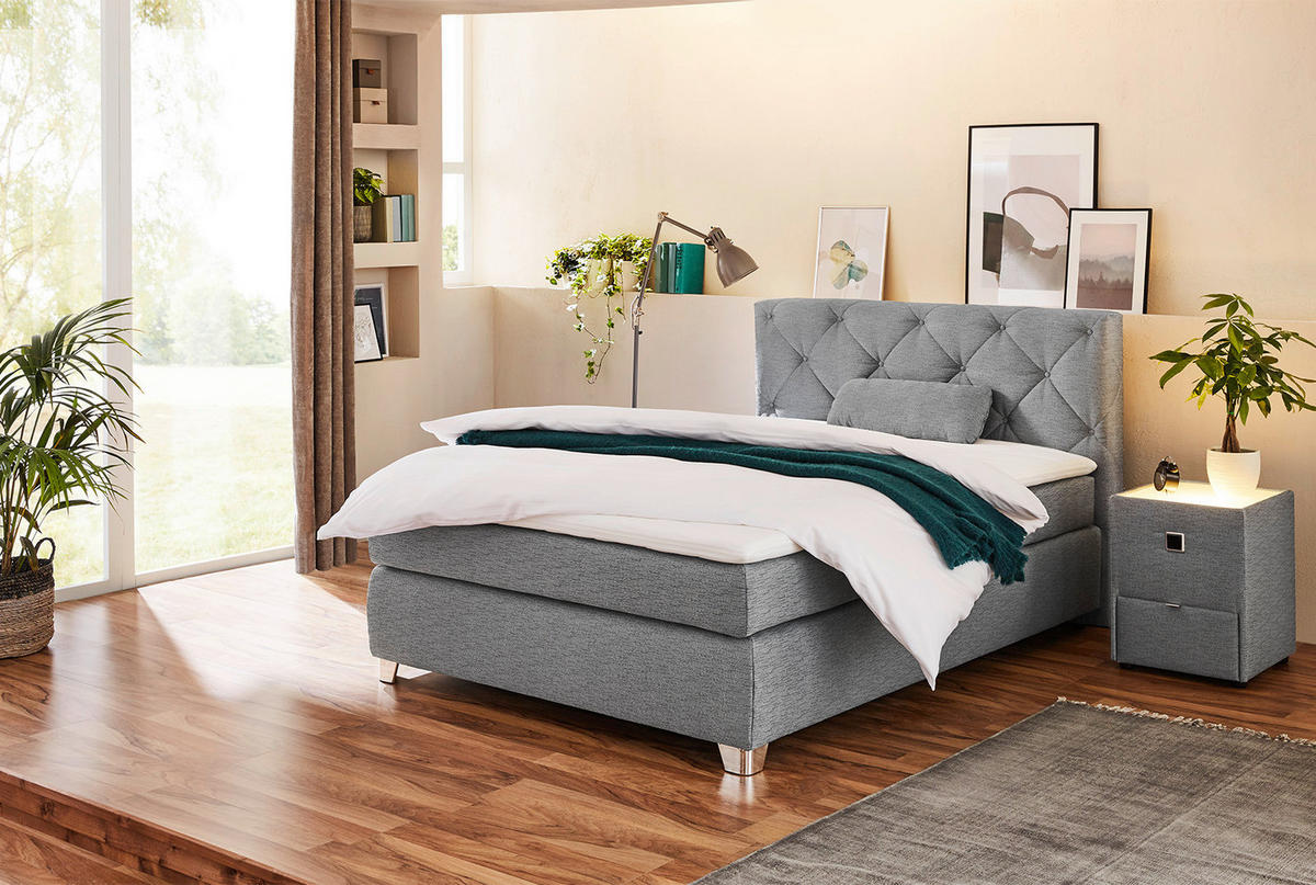 Boxspringbett  grau Flachgewebe Liegefläche B/L: ca. 140x200 cm Finja_H3_Boxspringbett - weiß/Chrom (149,00/106,00/213,00cm)