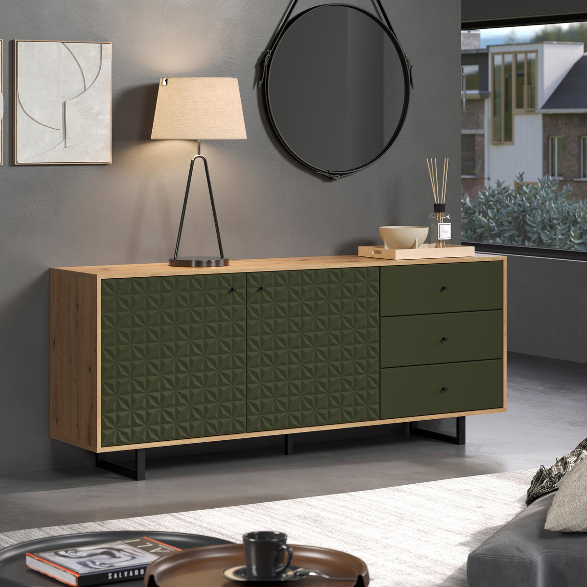 Sideboard Sentra Eiche Artisan Nachbildung grün dunkel B/H/T: ca. 183x75x40 cm Sentra - Eiche/grün (183,00/75,00/40,00cm) - Trendteam
