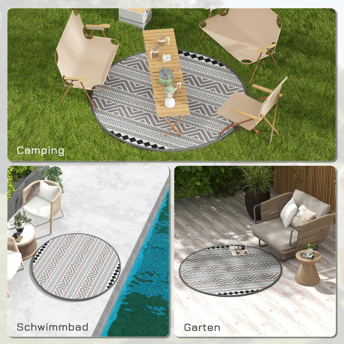 Outsunny Outdoor-Teppich grau B/H/L: ca. 180x180x0,3 cm Outdoor-Teppich - schwarz/grau (0,30/180,00/180,00cm) - Outsunny