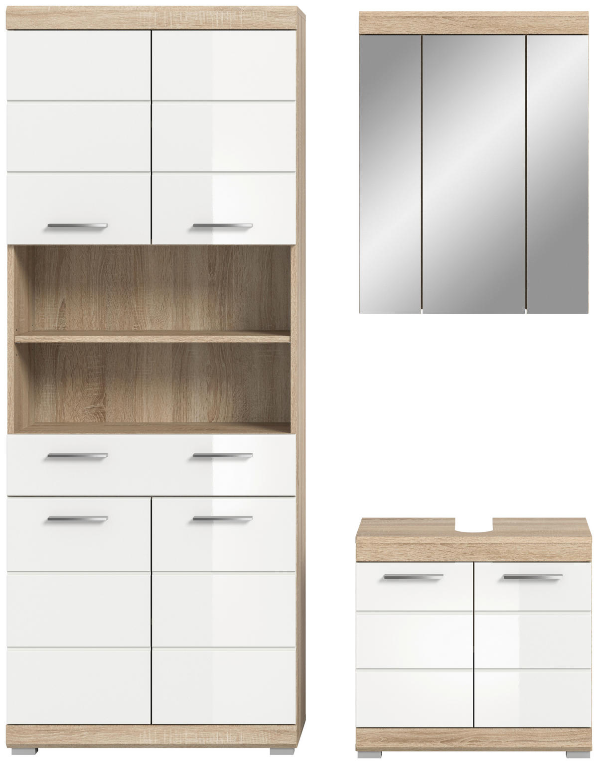 Badezimmer-Set Lambada Eiche Sonoma Nachbildung weiß Hochglanz B/H/T: ca. 149x34x191 cm Lambada - Eiche/weiß (149,00/34,00/191,00cm) - xonox.home