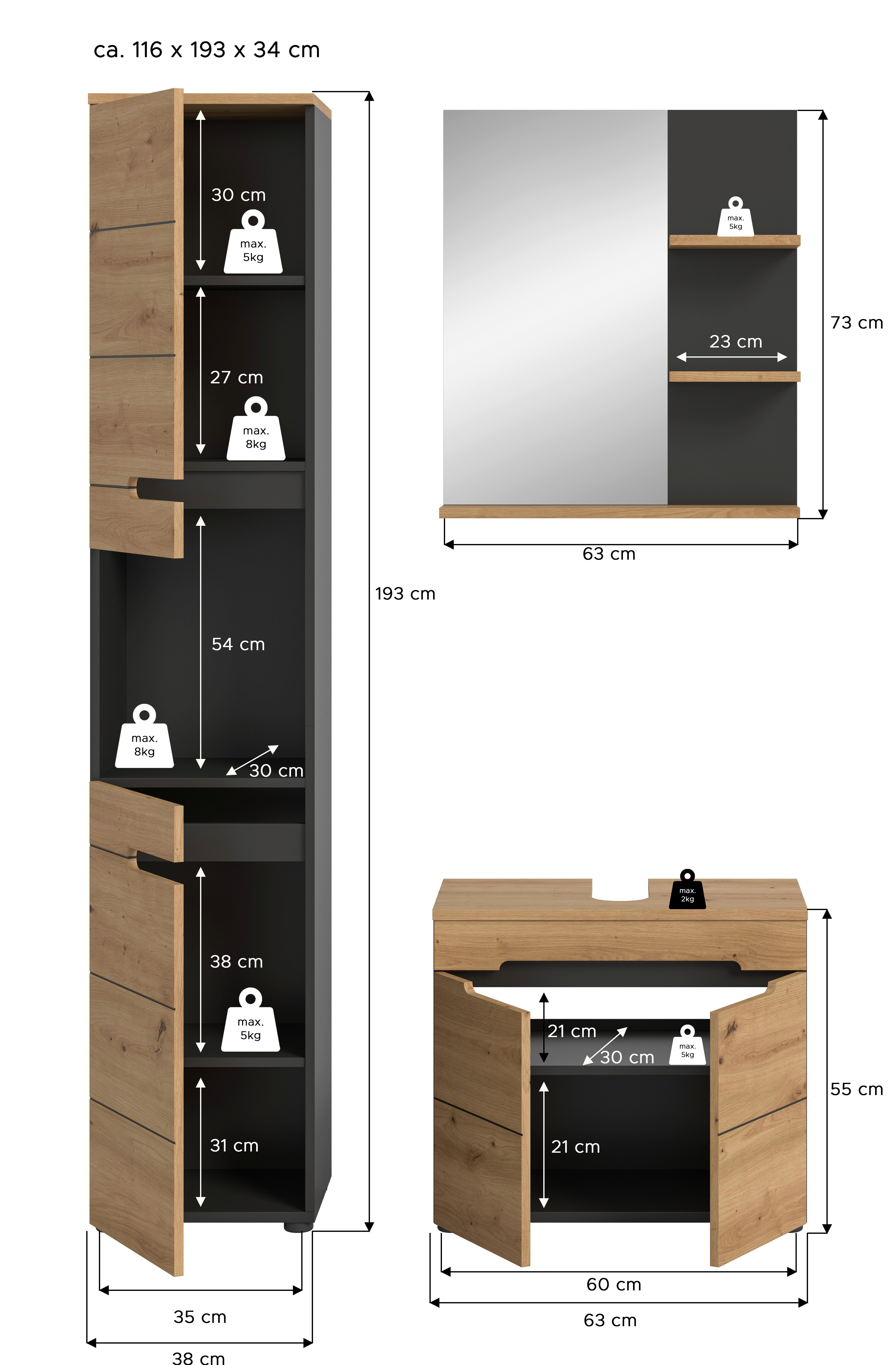 Badezimmer-Set Canu Basalt Eiche Artisan Nachbildung B/H/T: ca. 116x193x34 cm Canu - Eiche/Basalt (116,00/193,00/34,00cm) - xonox.home