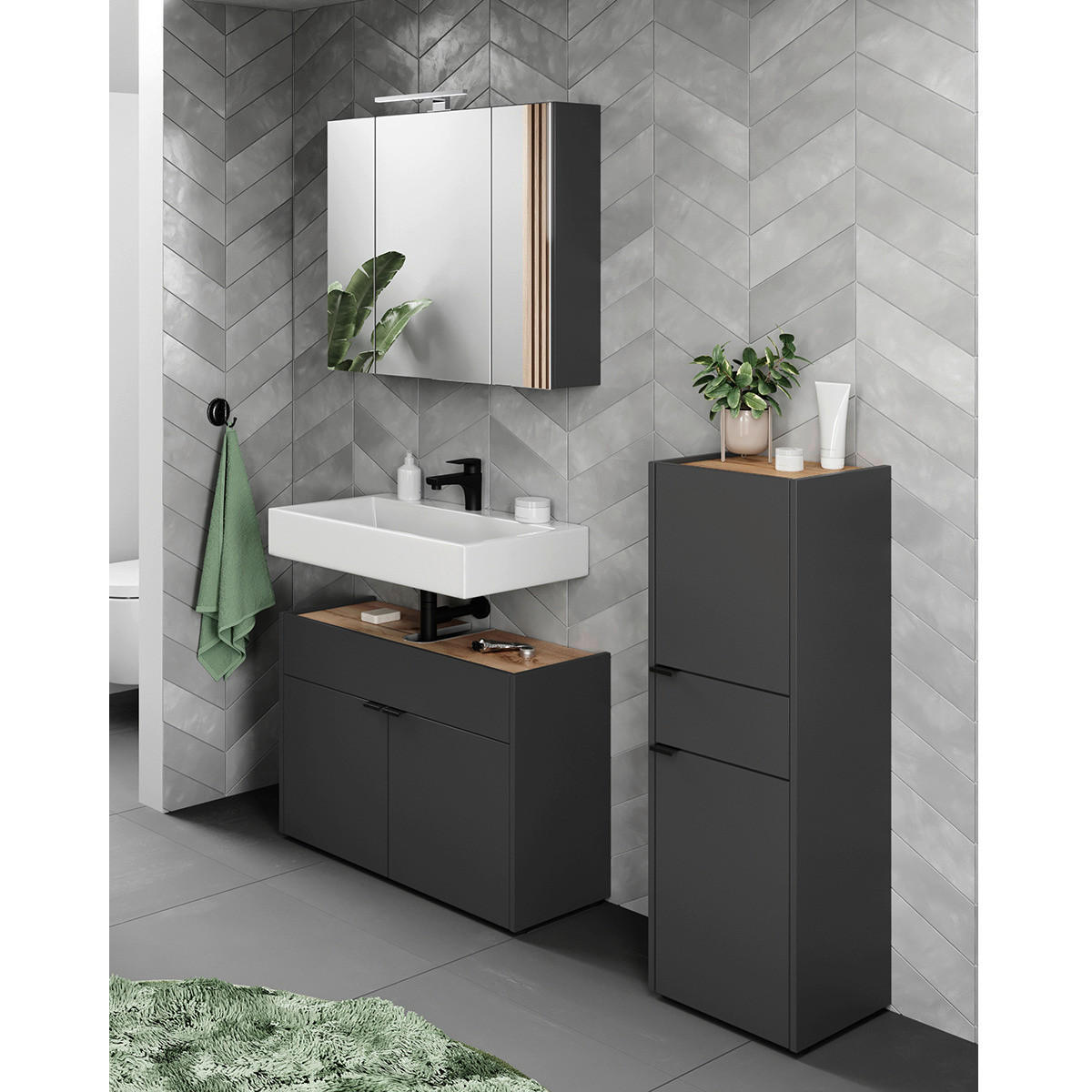 Badezimmer-Set 7841-549 Graphit Eiche Navarra Nachbildung B/H/T: ca. 129x200x34 cm 7841-549 - Eiche/Graphit (129,00/200,00/34,00cm) - Germania