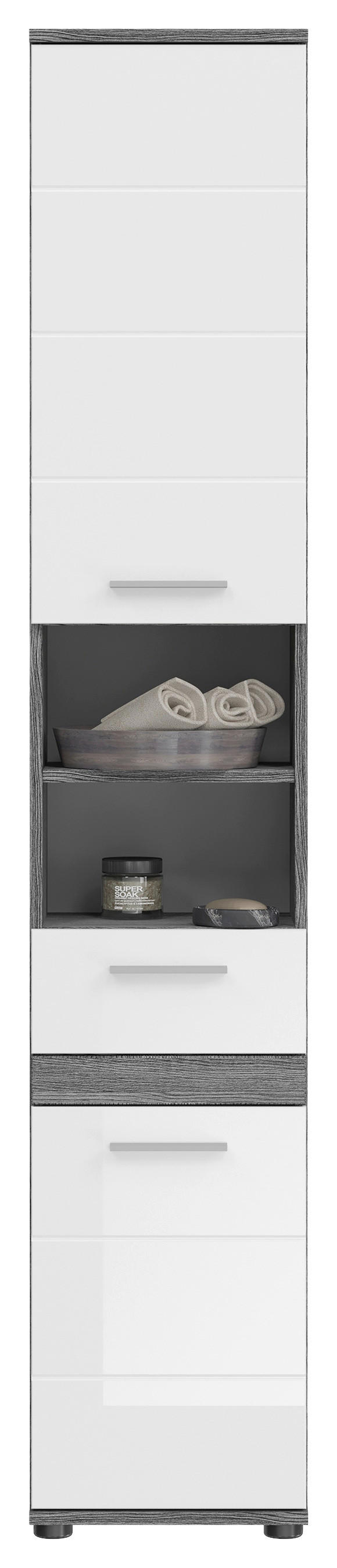 Badezimmer-Set BLAKE Rauchsilber Nachbildung weiß Hochglanz B/H/T: ca. 114x191x34 cm BLAKE - weiß (114,00/191,00/34,00cm) - xonox.home