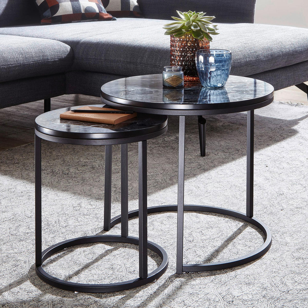 Couchtisch 2er-Set. schwarz Marmor Optik schwarz 2er-Set. - schwarz - Wohnling