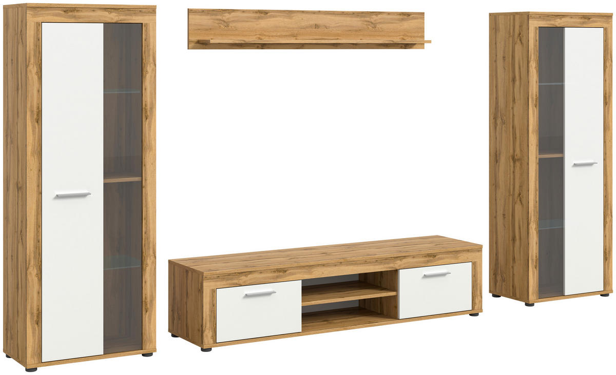 Wohnwand Jam Eiche Wotan Nachbildung weiß B/H/T: ca. 310x159x35 cm Jam - Eiche/weiß (310,00/159,00/35,00cm) - xonox.home