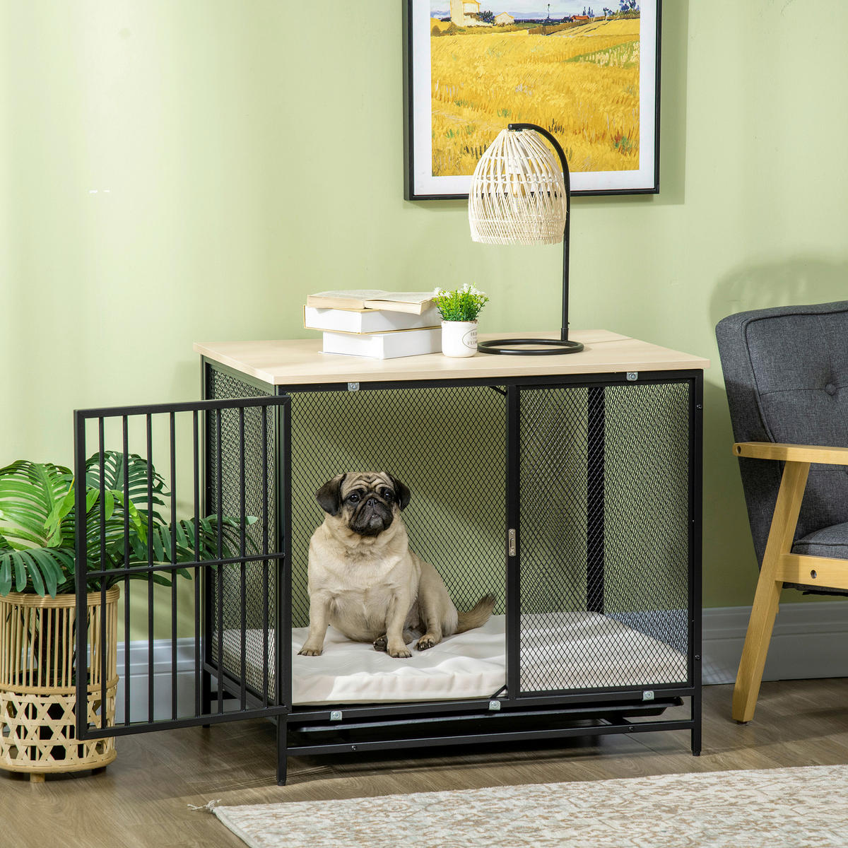 PawHut Hundekäfig Eiche PVC B/H/L: ca. 55x71x80 cm Hundekäfig - Eiche/schwarz (80,00/55,00/71,00cm) - PawHut