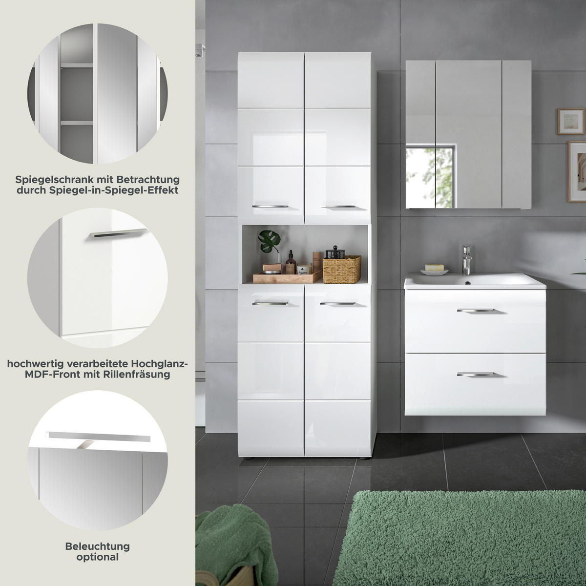 Badezimmer-Set Ice weiß weiß Hochglanz B/H/T: ca. 135x185x46 cm Ice - weiß (135,00/185,00/46,00cm) - xonox.home