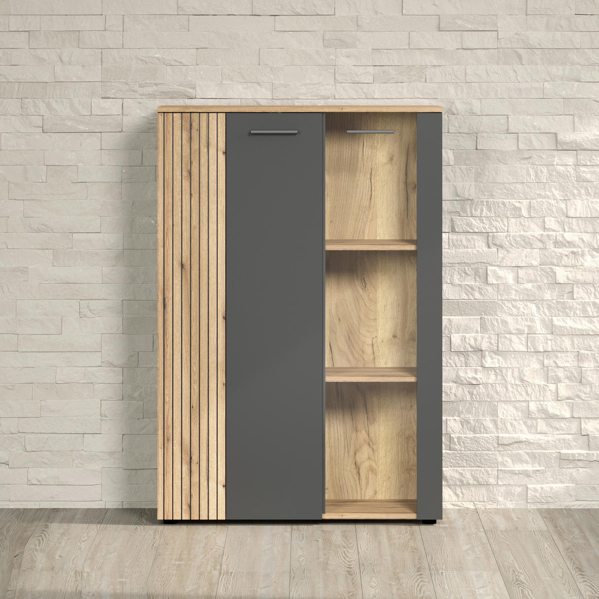 Vitrine Esteban anthrazit Eiche Evoke Coast Nachbildung B/H/T: ca. 90x132x34 cm Esteban - Eiche/anthrazit (90,00/132,00/34,00cm)