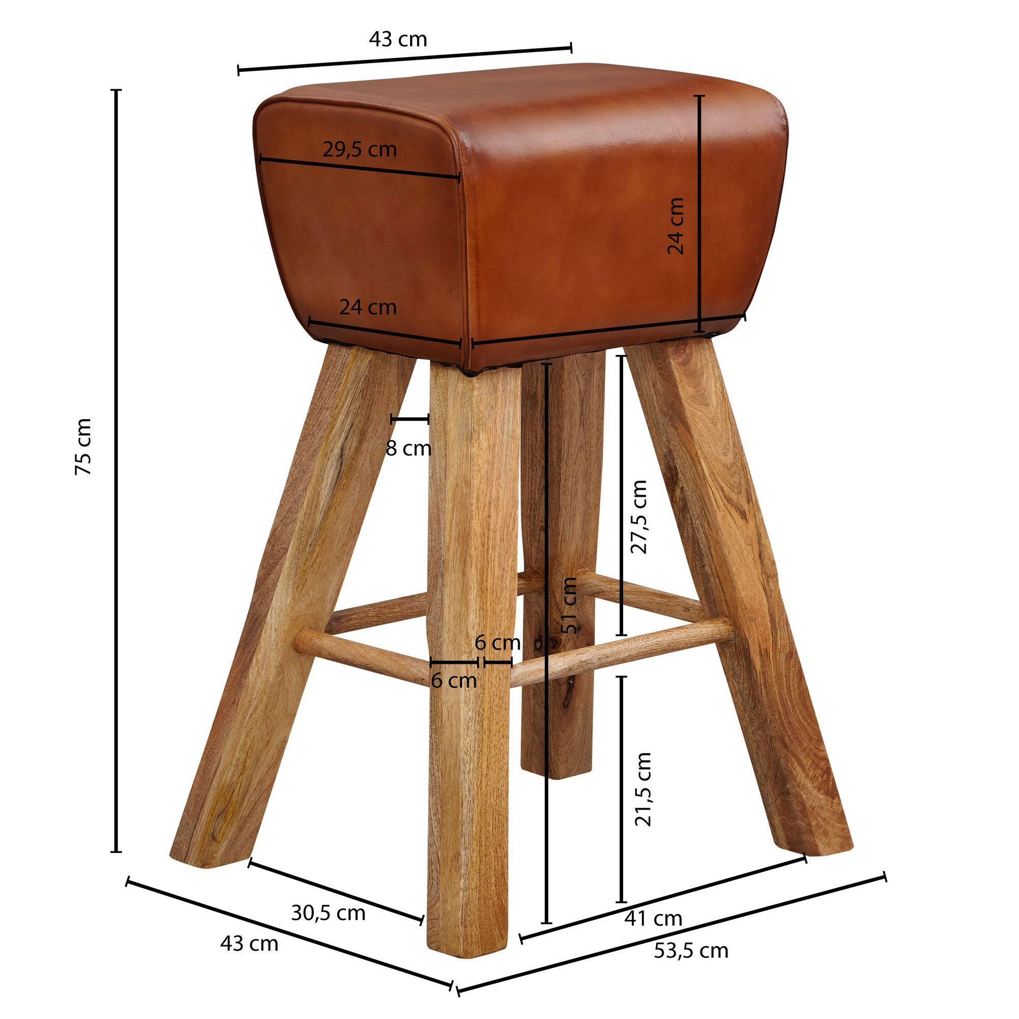 Barhocker braun natur Leder Echtholz B/H/T: ca. 43x75x43 cm Barhocker - braun/natur (43,00/75,00/43,00cm) - Wohnling