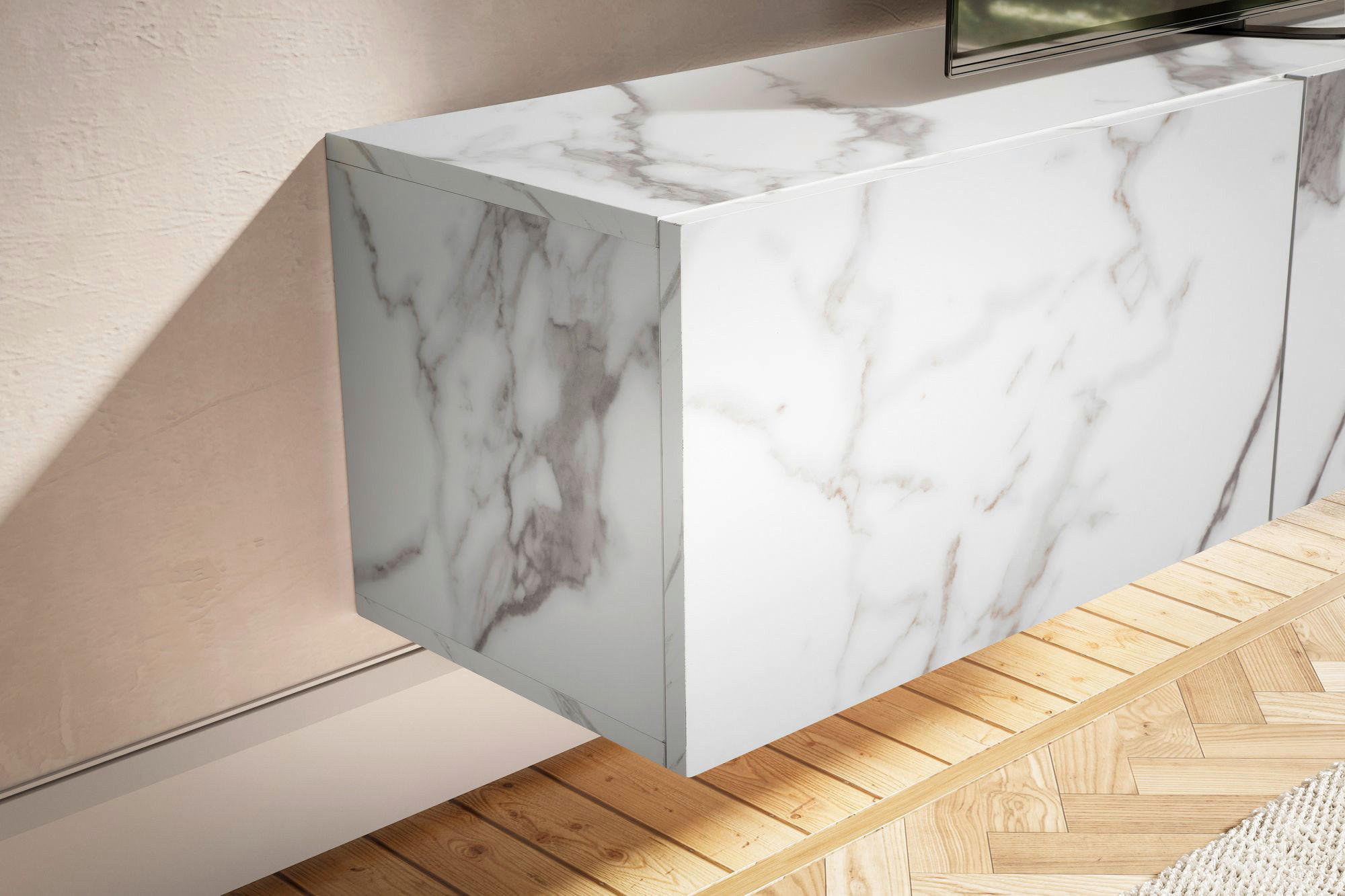 Lowboard weiß Marmor Optik B/H/T: ca. 160x30x30 cm TV & Lowboard - weiß (160,00/30,00/30,00cm) - Wohnling