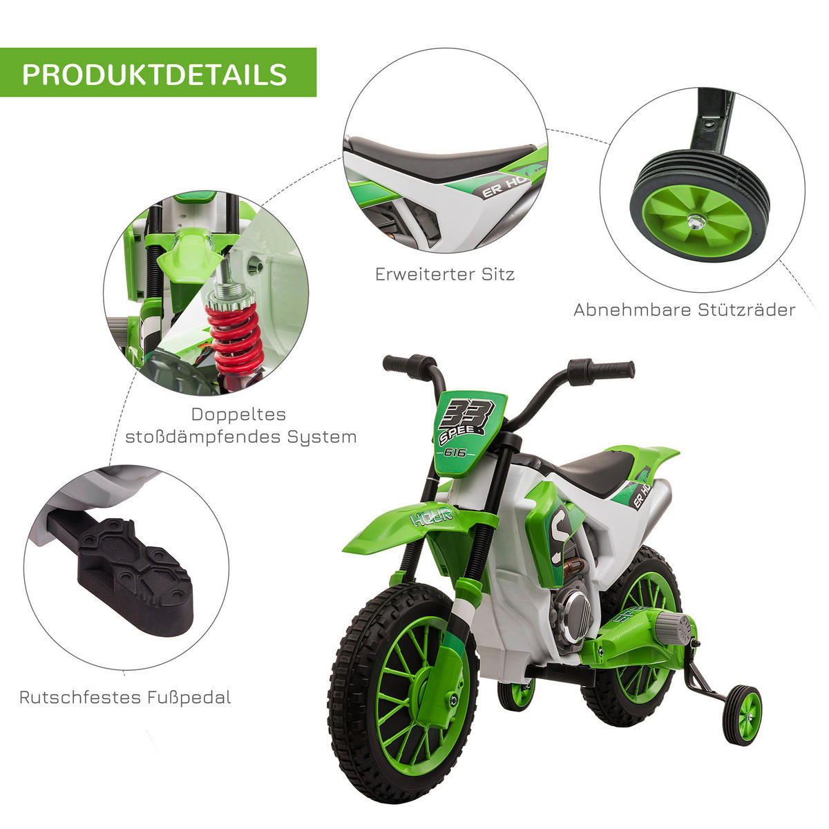 HOMCOM Kinder-Elektromotorrad grün B/H/L: ca. 51,5x68x106,5 cm Kinder-Elektromotorrad - grün (106,50/51,50/68,00cm) - HOMCOM