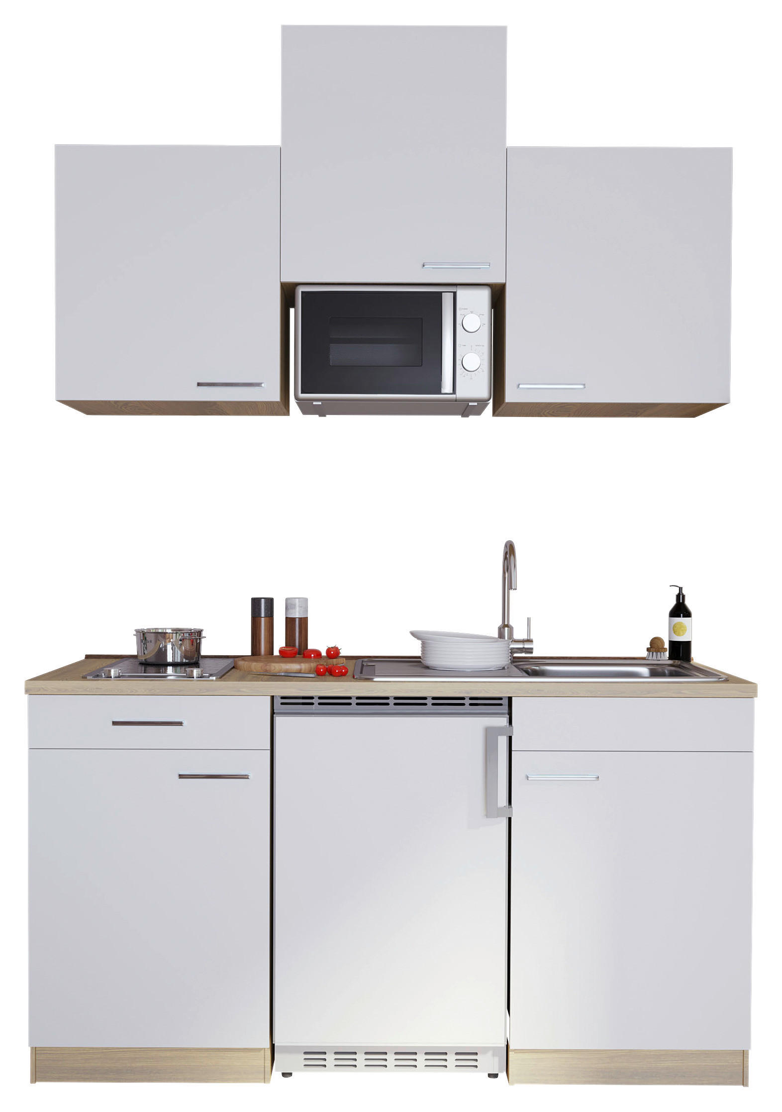 Respekta Küchenzeile KB150ESWMIC 150 cm Weiß-Eiche Sägeräu Nachbildung