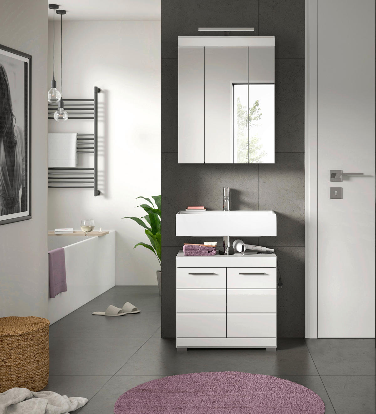 Badezimmer-Set Scout weiß weiß Hochglanz B/H/T: ca. 60x191x34 cm Scout - weiß (60,00/191,00/34,00cm) - xonox.home