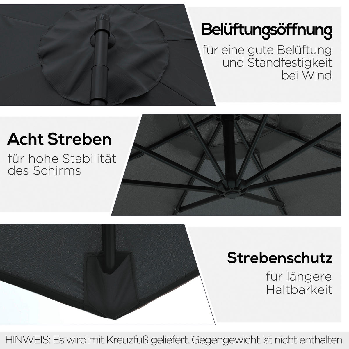 Outsunny Ampelschirm schwarz Polyester H/D: ca. 250x300 cm Ampelschirm - schwarz (300,00/250,00cm) - Outsunny