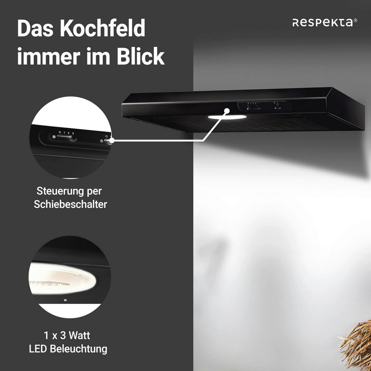 Respekta Dunstabzugshaube DH630SL schwarz Edelstahl B/H/T: ca. 60x7,8x47 cm DH630SL - schwarz (60,00/7,80/47,00cm) - Respekta