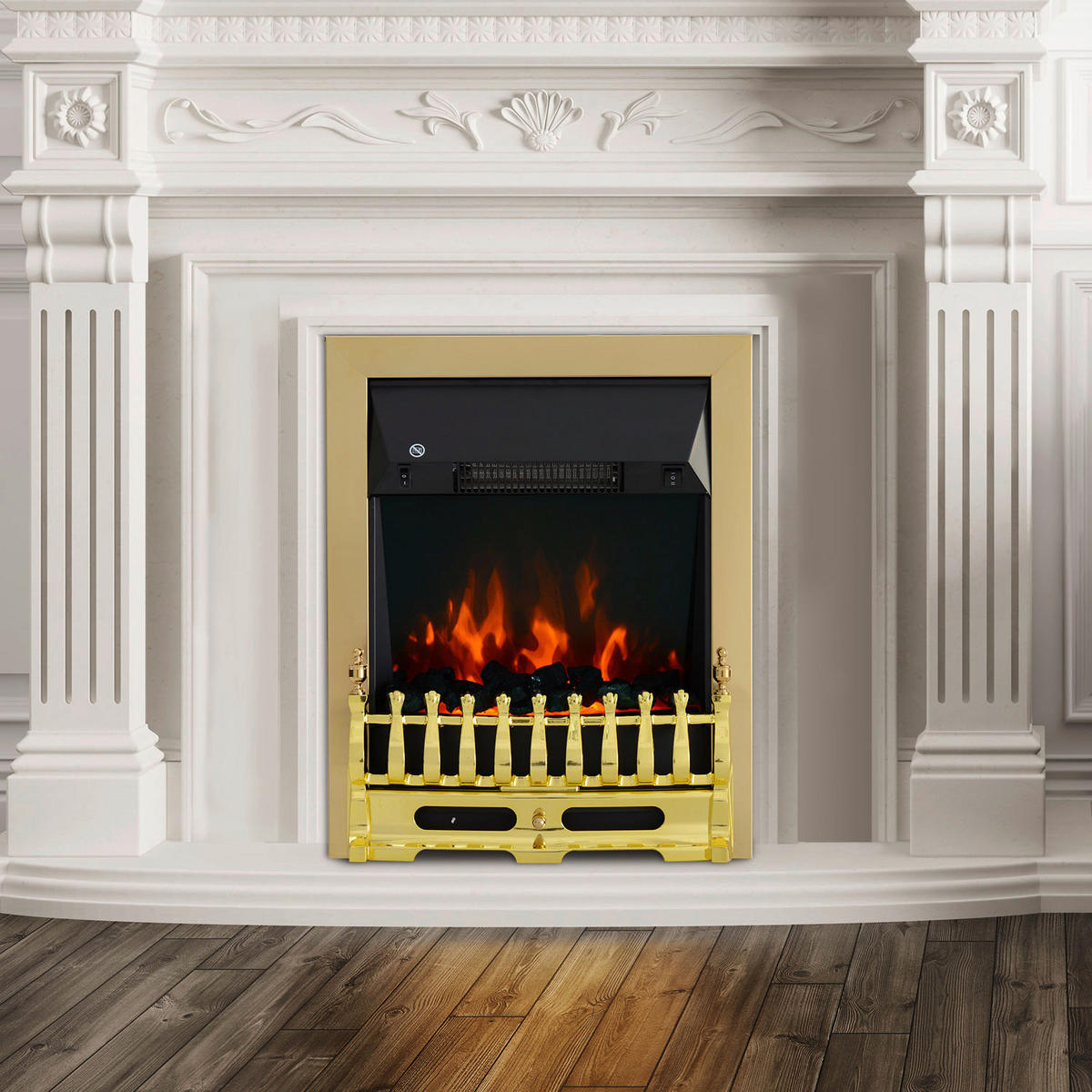 HOMCOM Elektrischer-Kamin 820-043 gold schwarz Metall Kunststoff B/H/T: ca. 48x59x18,5 cm ca. 2000 W Elektrokamin 820-043 - gold/schwarz (48,00/59,00/18,50cm) - HOMCOM