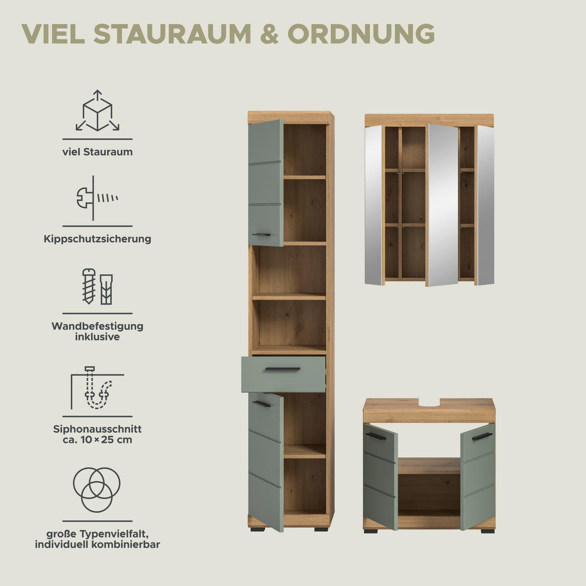 Badezimmer-Set Scout Eiche Artisan Nachbildung salbei Nachbildung B/H/T: ca. 112x191x34 cm Scout - Eiche/salbei (112,00/191,00/34,00cm) - xonox.home