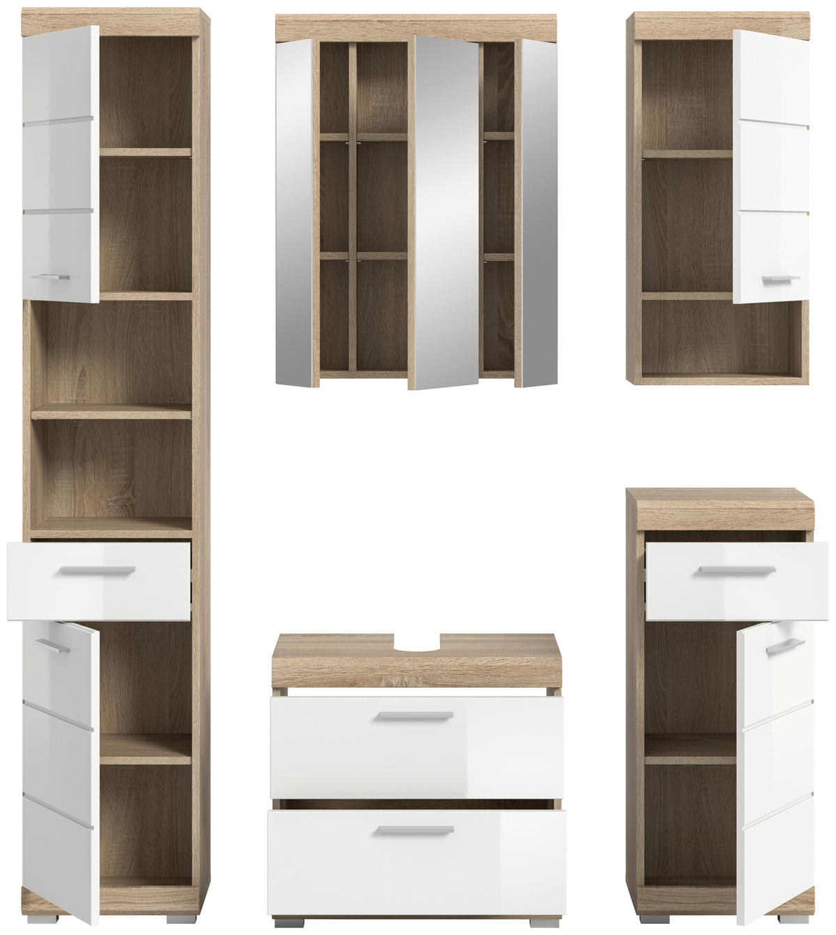 Badezimmer-Set Lambada Eiche Sonoma Nachbildung weiß Hochglanz B/H/T: ca. 164x191x37 cm Lambada - Eiche/weiß (164,00/191,00/37,00cm) - xonox.home