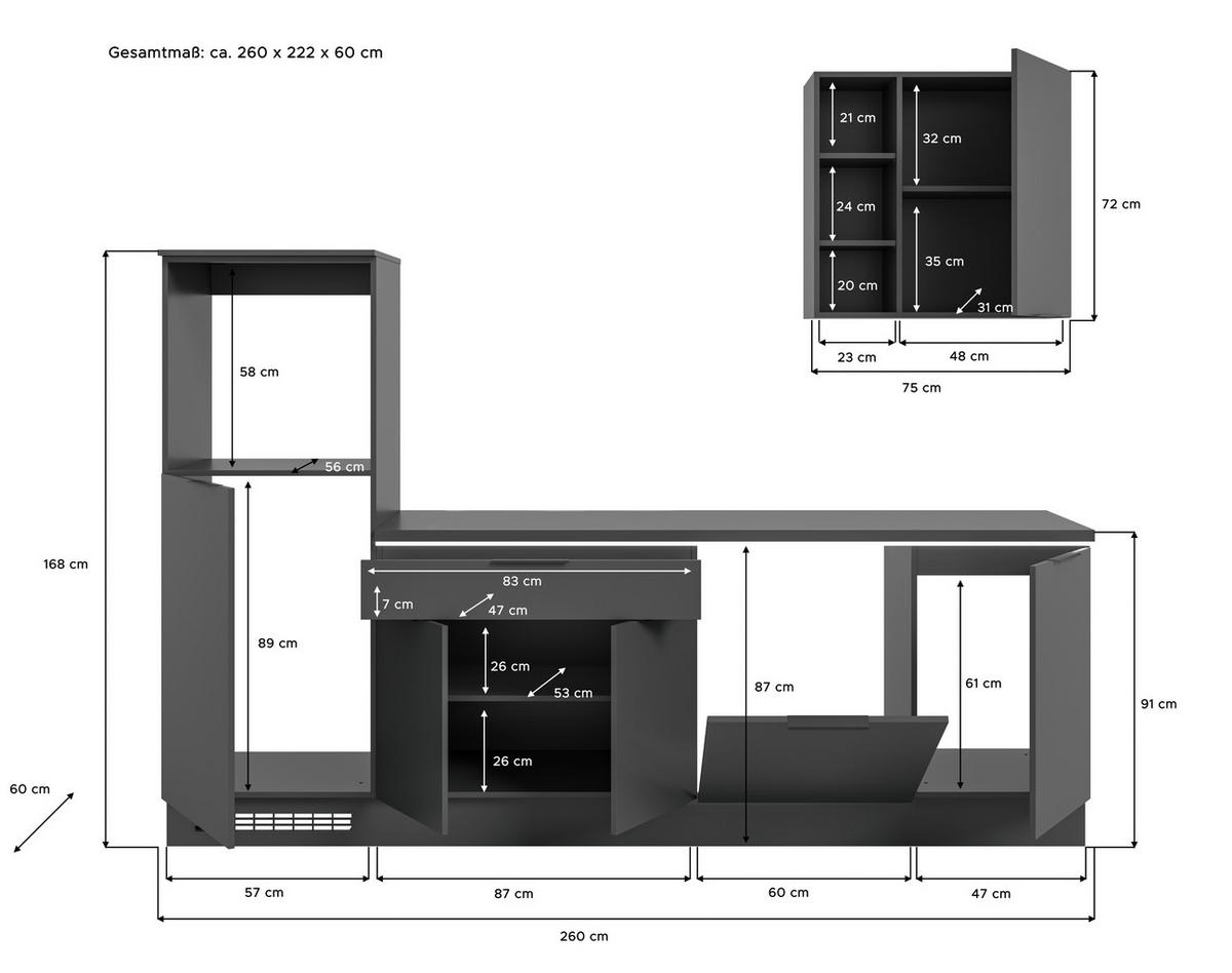 xonox.home Küchenblock Charly schwarz B/H/T: ca. 260x222x60 cm Charly - schwarz (260,00/222,00/60,00cm) - xonox.home