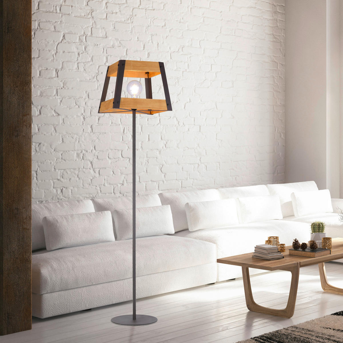 Just Light Stehleuchte PN15723-79 natur Metall Holz B/H/L: ca. 35x153x35 cm E27 1 Brennstellen CRATE - natur (35,00/35,00/153,00cm) - Just Light