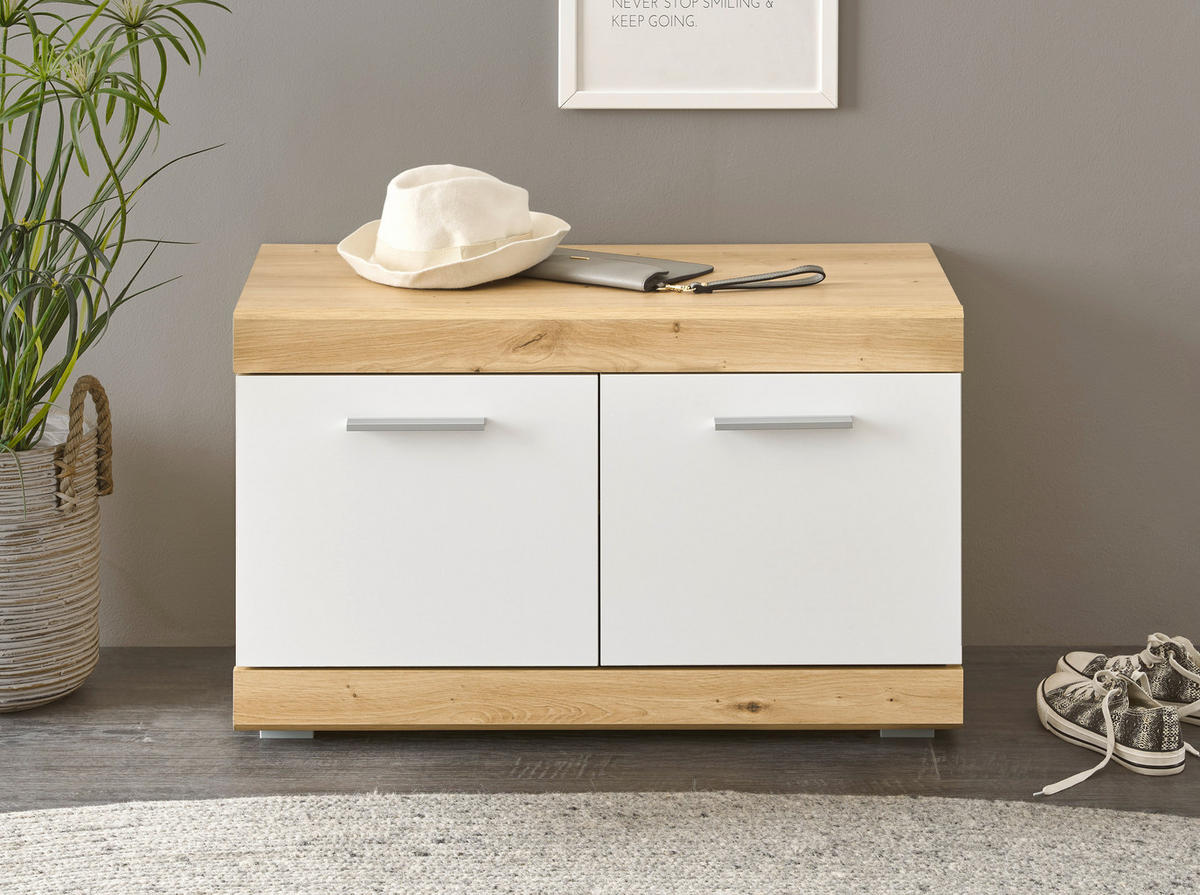 Sitzbank Nola Eiche Artisan Nachbildung weiß Hochglanz B/H/T: ca. 80x49x38 cm Nola - Eiche/weiß (80,00/49,00/38,00cm)