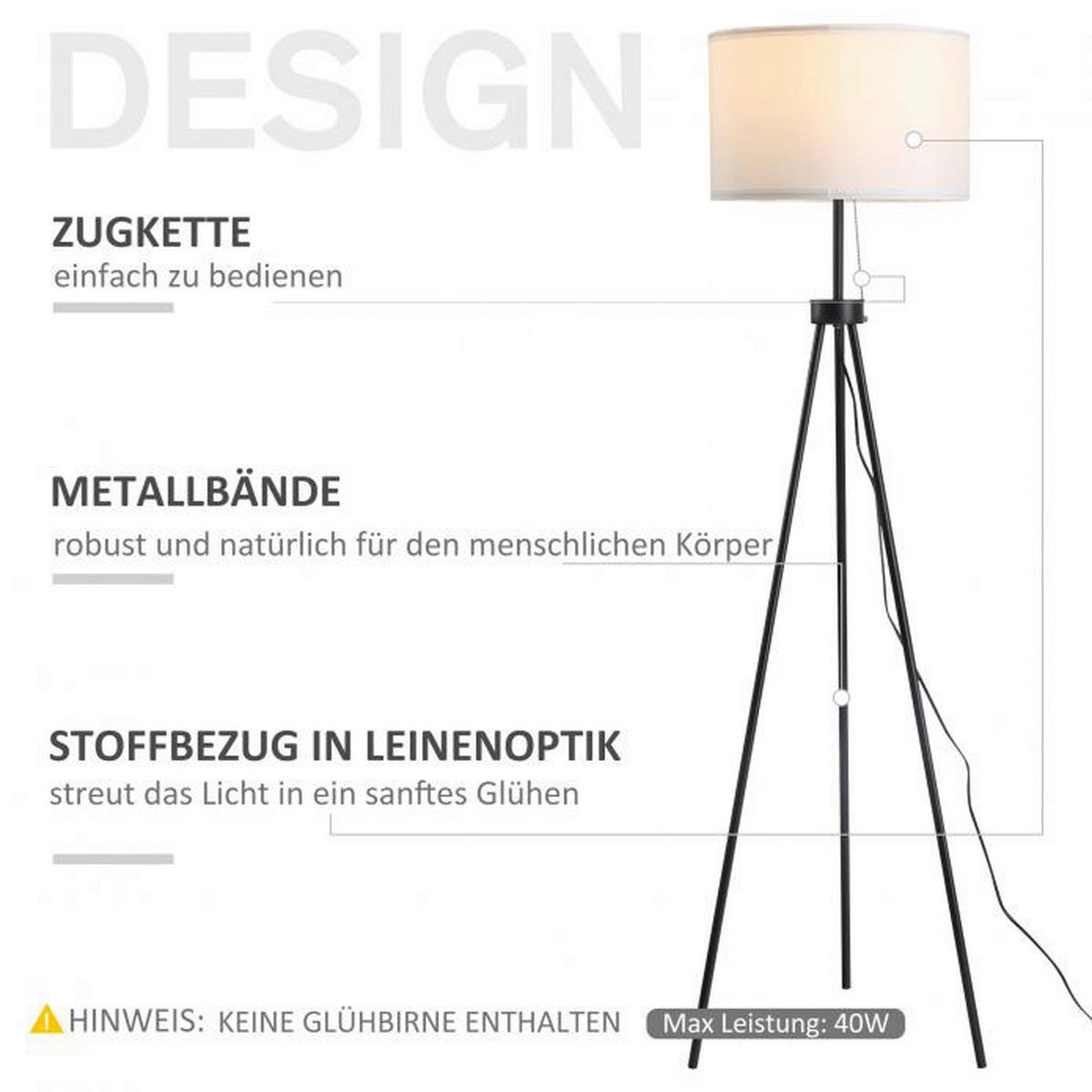 HOMCOM Stehleuchte B31-187V90 schwarz weiß Metall Polyester-Mischgewebe Stoff B/H/L: ca. 37x152x37 cm E27 1 Brennstellen Stehleuchte B31-187V90 - weiß/schwarz (37,00/37,00/152,00cm) - HOMCOM
