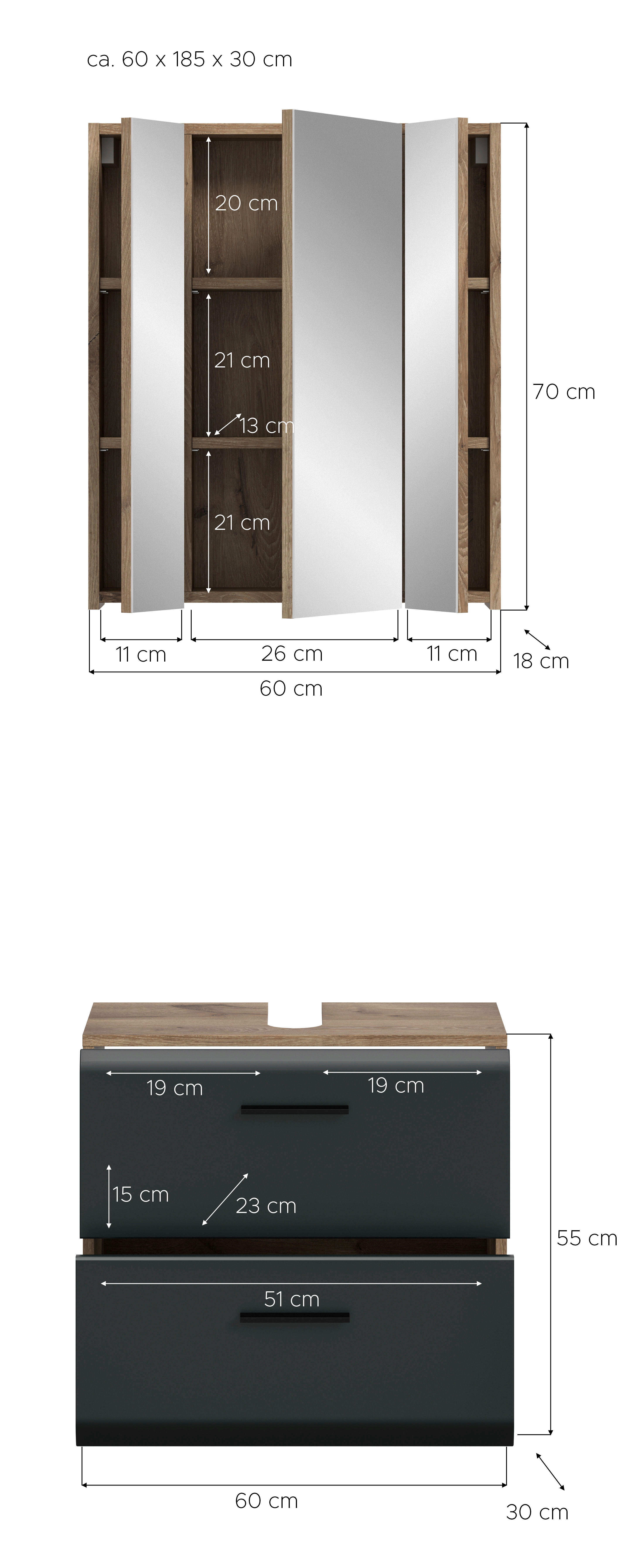 Badezimmer-Set Ice Nox Oak Nachbildung schwarz matt B/H/T: ca. 60x185x30 cm Ice - schwarz (60,00/185,00/30,00cm) - xonox.home