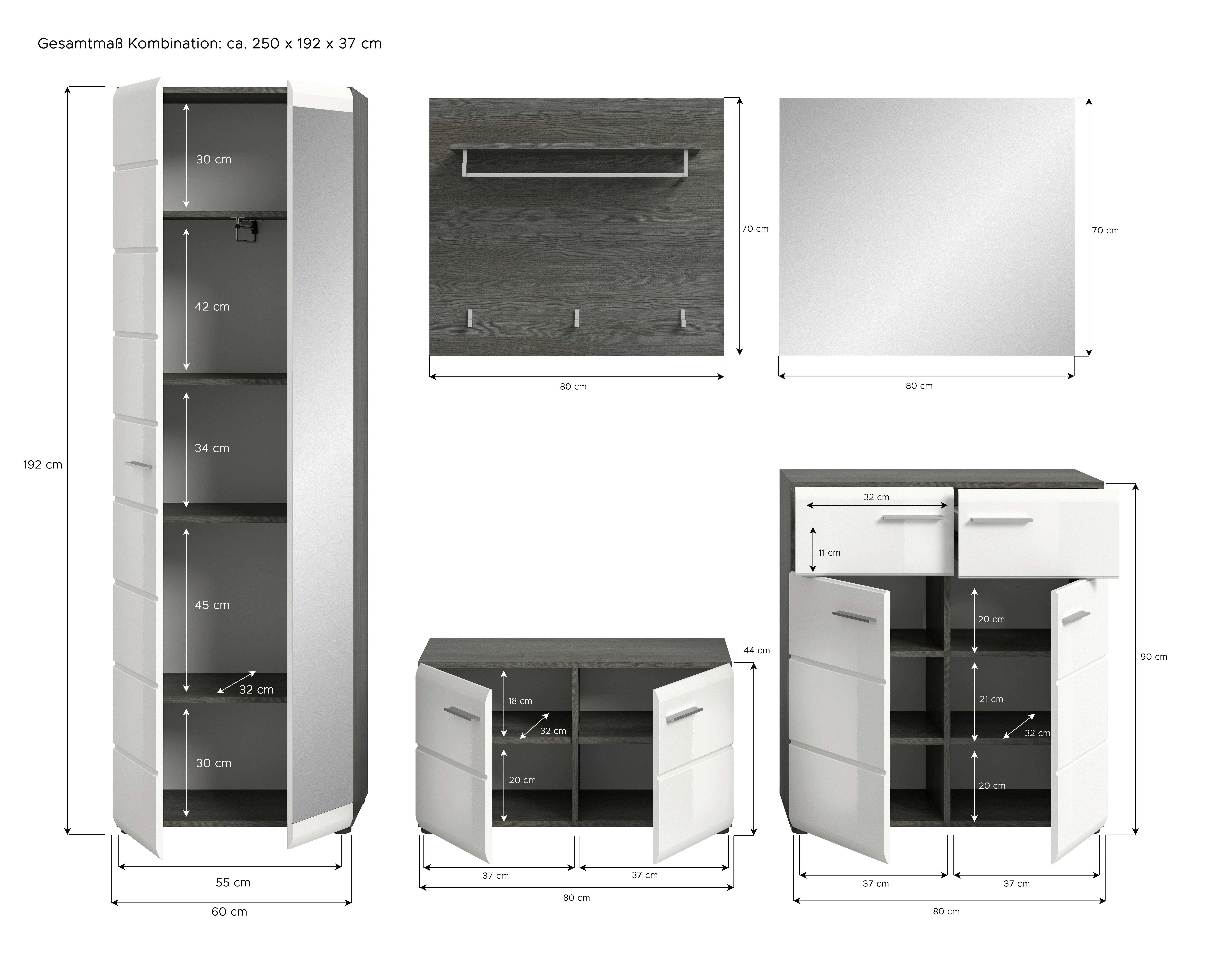 Garderobe SALSA Eiche Rauchsilber Nachbildung weiß Hochglanz B/H/T: ca. 250x192x37 cm SALSA - Eiche/weiß (250,00/192,00/37,00cm) - xonox.home
