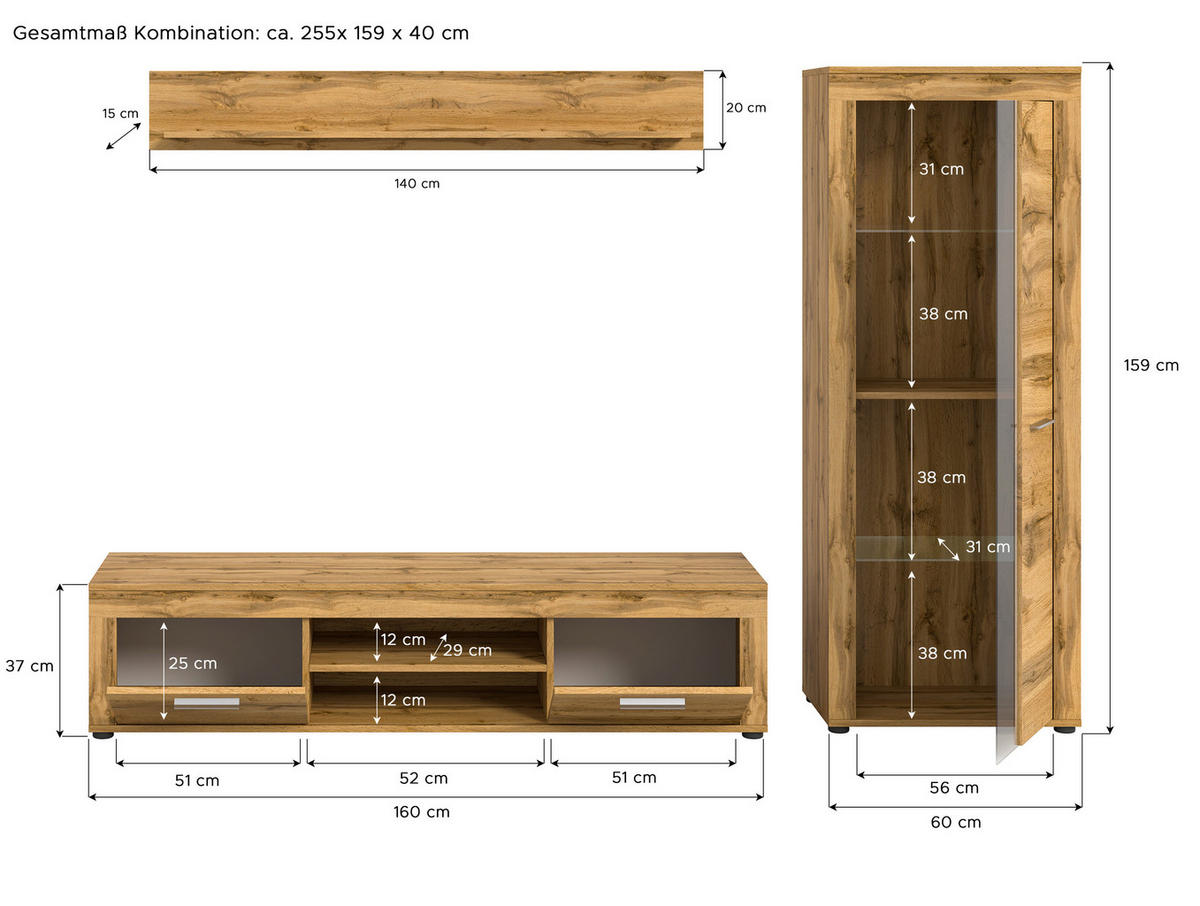 Wohnwand Jam Eiche Wotan Nachbildung B/H/T: ca. 235x159x35 cm Jam - Eiche (235,00/159,00/35,00cm) - xonox.home