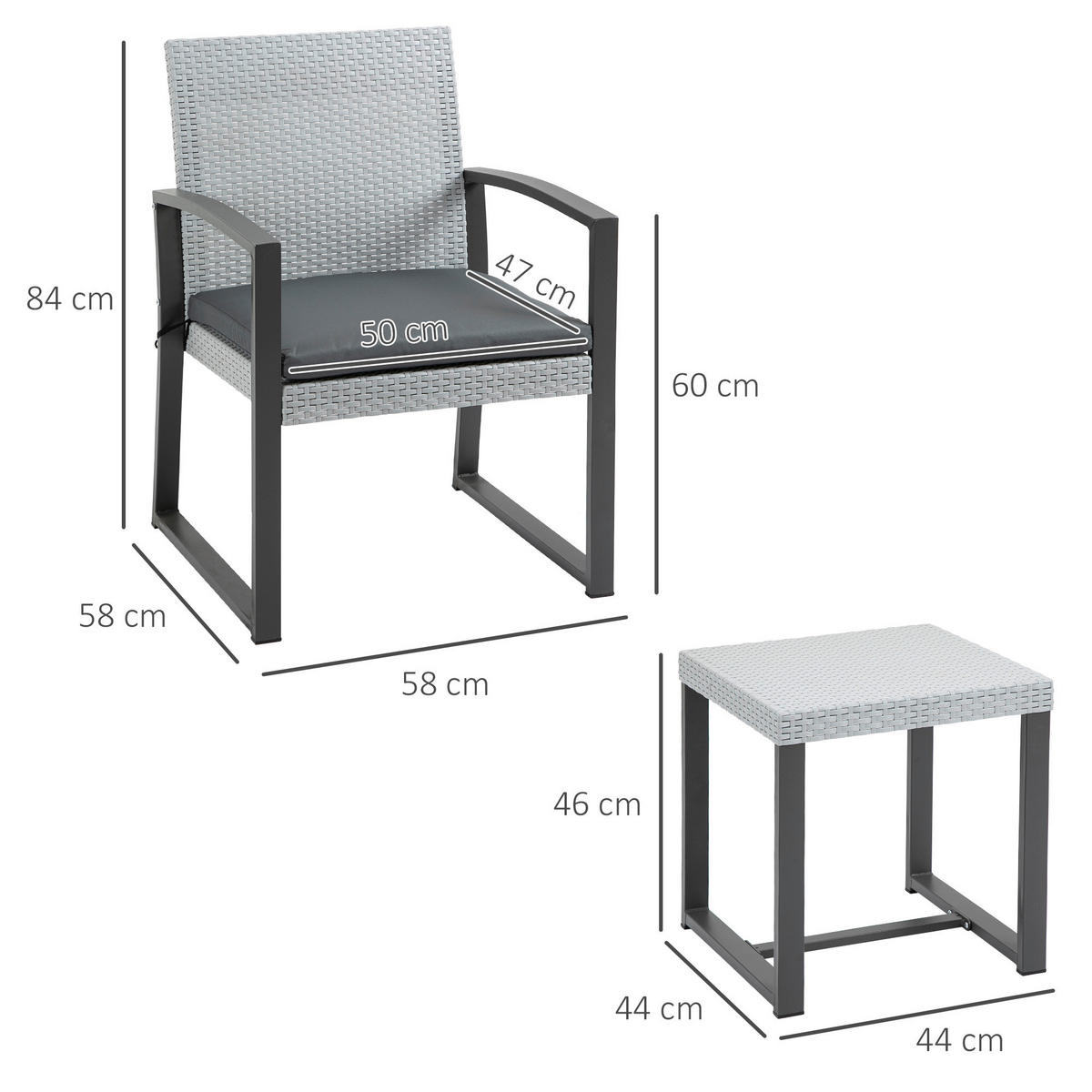 Outsunny Sitzgruppe schwarz Kunststoff B/H/L: ca. 58x58x84 cm Gartenmöbelset - schwarz/grau (84,00/58,00/58,00cm) - Outsunny