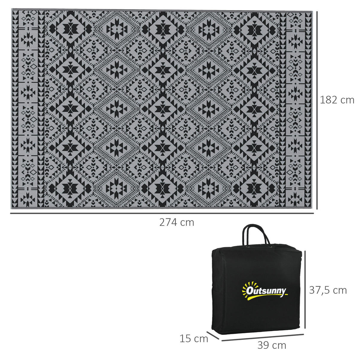 Outsunny Outdoor-Teppich grau B/H/L: ca. 274x182x0,3 cm Outdoor-Teppich - schwarz/grau (0,30/274,00/182,00cm) - Outsunny