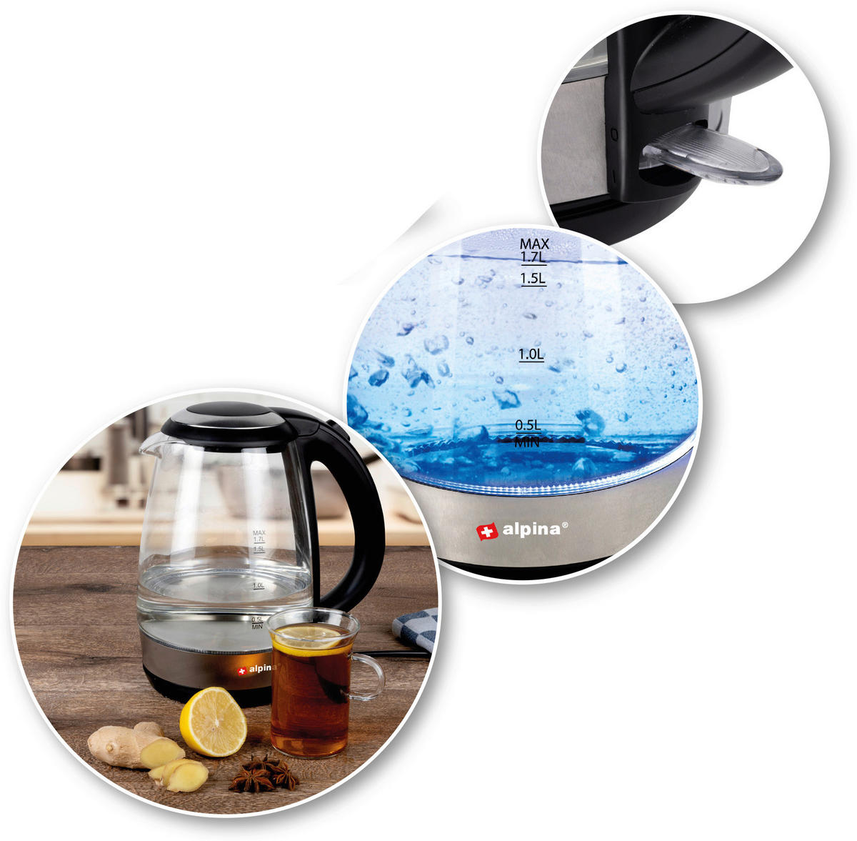 Alpina Glaswasserkocher schwarz Glas Edelstahl ca. 1,7 l Wasserkocher_Glas - schwarz (1,70l) - Alpina
