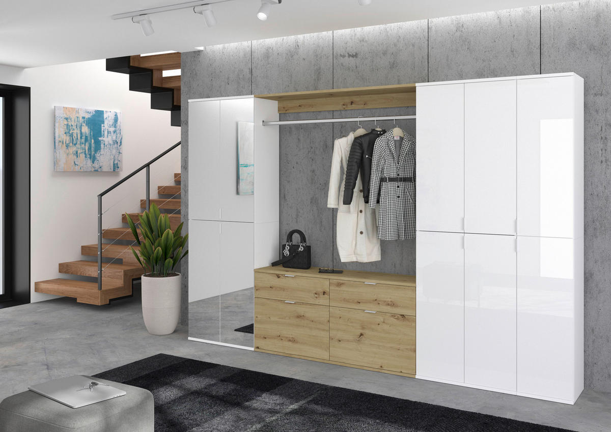 Garderobe PROJEKT Eiche Artisan Nachbildung weiß Hochglanz Spiegel B/H/T: ca. 273x193x34 cm PROJEKT - Eiche/weiß (273,00/193,00/34,00cm) - xonox.home