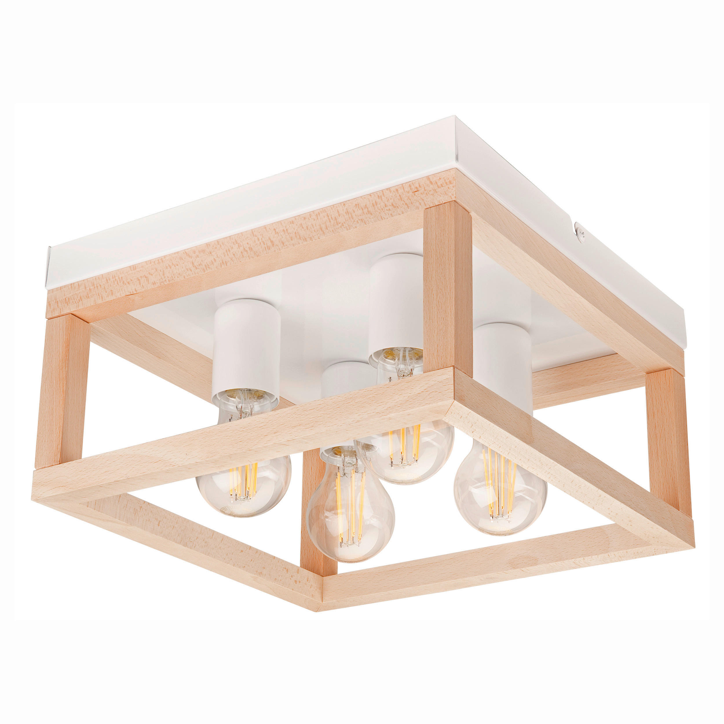 Lamkur Deckenleuchte VILLY 46020 natur weiß Holz Stahl H/L: ca. 17x30 cm E27 4 Brennstellen Villy - weiß/natur (30,00cm) - Lamkur