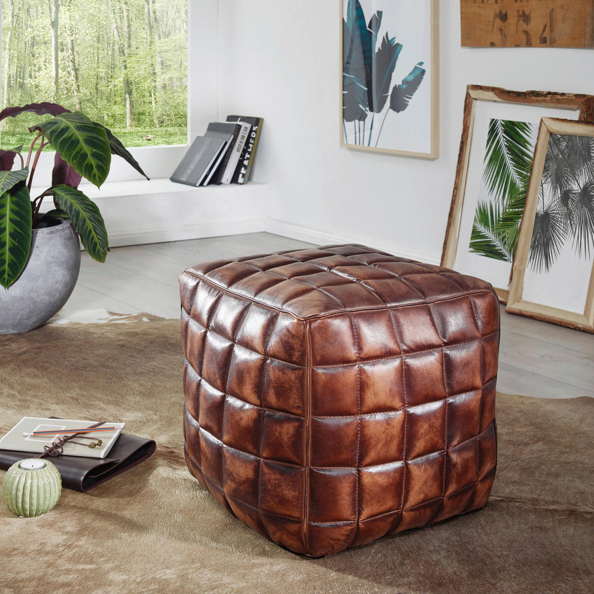 Wohnling Sitzhocker braun Leder B/H/T: ca. 39x41x39 cm Sitzwürfel - braun (39,00/41,00/39,00cm) - Wohnling